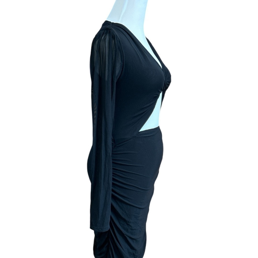 Adika Bodycon Mini Dress Women's Size M Black Stretch Ruched Sheer Sleeve Twist - Picture 3 of 7